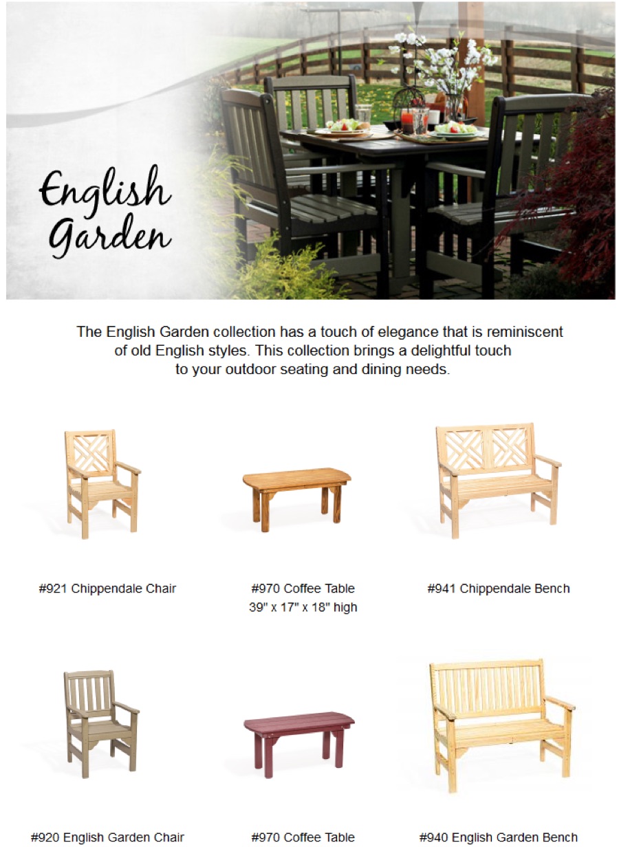 English Garden poly bench and glider style sheet.