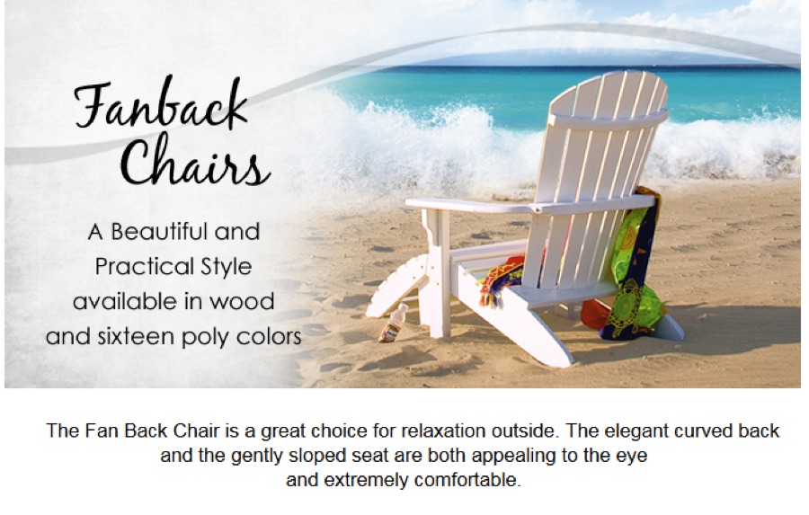 Fanback poly chair style sheet showing a white beach chair and wood-tone fanback gliders.