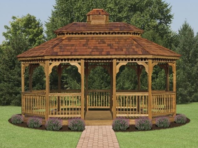Natural cedar oval wood gazebo with a lattice-topped roof.