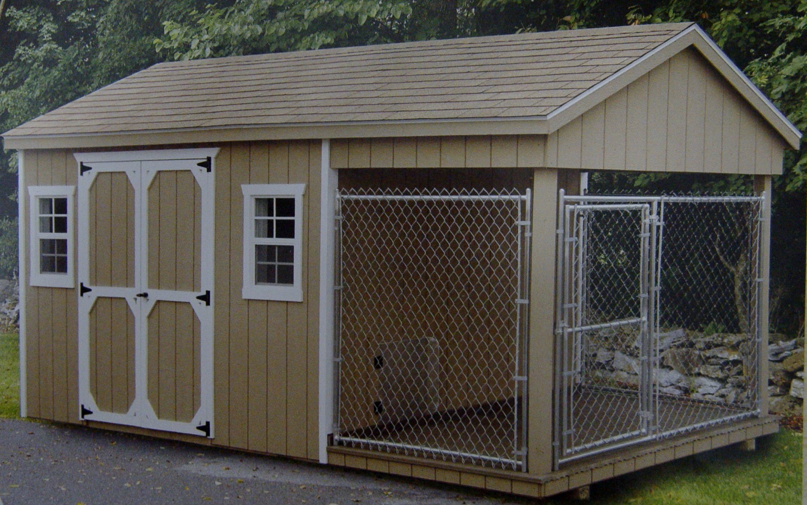 Beige combo shed and dog kennel unit with a covered chain-link run.